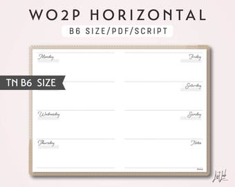 May include: A printable weekly planner template in B6 size, designed for use in a traveler's notebook. The template is horizontal and includes spaces for Monday through Sunday, as well as a notes section.