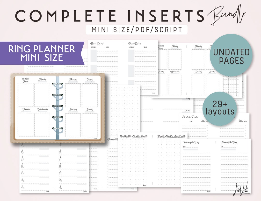 A8 / MINI Size COMPLETE Inserts Bundle | Printable Minimalist Ring ...