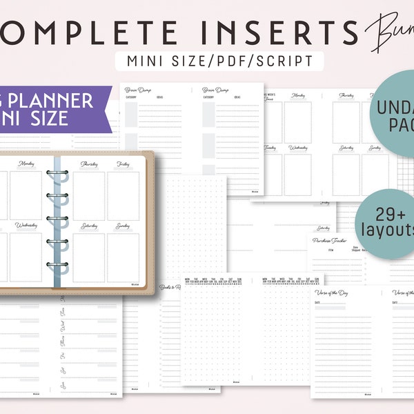 Ensemble complet d'inserts de taille MINI | Ensemble d’inserts non datés imprimables de planificateur d’anneau minimaliste | pdf | Thème de script - 29+ mises en page