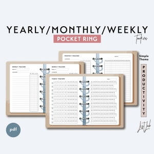 Pocket Ring YEARLY, MONTHLY, WEEKLY Trackers  | Printable Minimalist Ring Planner Insert | pdf | Simple Theme