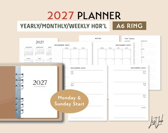 A6 RING 2027 Yearly Monthly Weekly Wo2p HORIZONTAL Printable Planner Inserts Set, Week on 2 Pages Blank Style