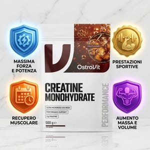 May include: A white pouch of OstroVit Creatine Monohydrate with cola flavor, featuring a 500g net weight label. The packaging displays text including Ultra Micronized 200 Mesh and 3g Creatine per serving, surrounded by four glowing icons.