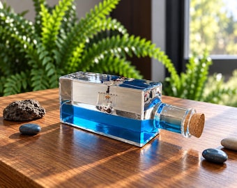 Puede incluir: Una botella de vidrio rectangular llena de un líquido azul vibrante, con un tapón de corcho y un pequeño gráfico de un barco pirata con un sombrero de paja en la parte frontal. La botella es transparente, mostrando el líquido y el detalle.