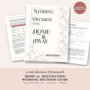 Op de afbeelding: Een zeven pagina's tellende invulbare gids voor huwelijksbeslissingen getiteld Wedding Decision Guide: Home & Away 2026 Edition. Het document bevat zwarte schreeftekst en lijntekeningen van calla lelies in een lichtbruine tint op een witte achtergrond.