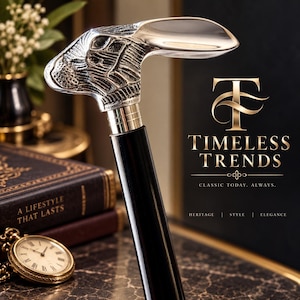 Può includere: Un bastone da passeggio con un manico argentato scolpito a forma di testa di cane, montato su un fusto nero liscio. Il testo Timeless Trends Classic Today. Always. Heritage | Style | Elegance è visibile sullo sfondo.