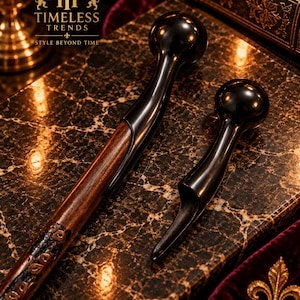 May include: A long wooden walking stick with a polished black spherical handle and a decorative carved shaft, accompanied by a smaller, matching black spherical handle tool. The text "TIMELESS TRENDS STYLE BEYOND TIME" is visible in the upper left corner.