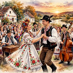 May include: A watercolour illustration depicting a group of people in traditional folk attire dancing and playing musical instruments outdoors. A central couple dances while surrounded by musicians playing a violin, dulcimer, and double bass.