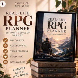 May include: A digital tablet displaying the Real-Life RPG Planner with a fantasy landscape cover. The screen shows text including Daily Quests, Goal Planning, Track Progress, Reflection, and Notes & Ideas. The tablet rests on a stack of three books.