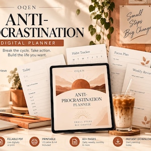 May include: A digital anti-procrastination planner displayed on a tablet screen, featuring a sunset graphic and the text 'Anti-Procrastination Planner'. Surrounding the tablet are printed planner pages, a laptop, a glass of iced coffee, and books.