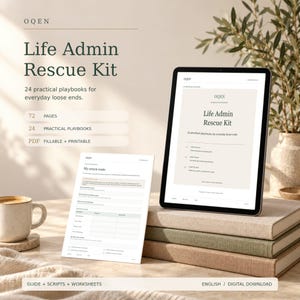 May include: A digital Life Admin Rescue Kit featuring 24 practical playbooks, 72 pages, and fillable PDF worksheets. The display shows the title Life Admin Rescue Kit and My return route on a tablet screen and a printed page.