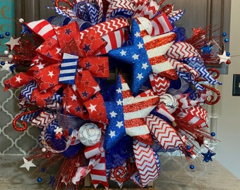 4th of July wreath, Fourth of July Wreath, Memorial Day wreath, Patriotic Wreath, Red White and Blue Wreath