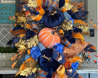 Blue Fall Pumpkin Wreath, Navy Blue Fall Decor, Harvest Wreath ...