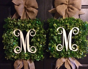 Boxwood Wreath, Square boxwood  Monogram Wreath, Monogram Wreath