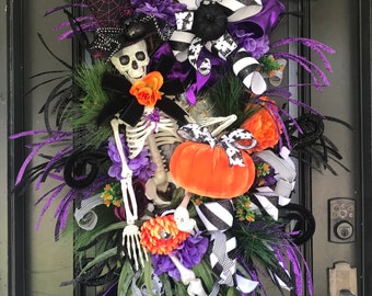 Halloween Wreath, Skeleton Wreath, Halloween Door Decor, Halloween Decorations