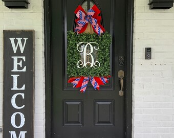 Fourth of July Wreath, Patriotic Wreath, Boxwood Wreath, Monogram Boxwood Wreath, Patriotic Door Decor