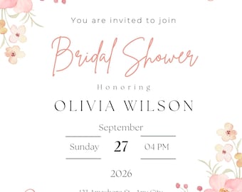 Pink Floral Bridal Shower Invitation Template, Editable Canva Invite