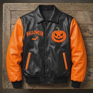 Halloween Varsity Jacket, Orange Black Pumpkin Bomber, Spooky Letterman Streetwear