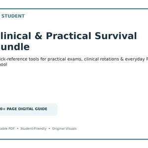 May include: A white rectangular digital guide titled PT STUDENT Clinical & Practical Survival Bundle. It includes quick-reference tools for practical exams, clinical rotations, and everyday PT school, featuring a 30+ page digital guide in PDF format.