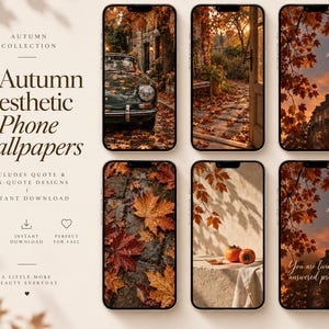 Op de afbeelding: Een digitale collectie van 32 herfstachtige telefoonachtergronden met seizoensgebonden beelden zoals gevallen bladeren, een oldtimer, kaki's en straatscènes bij zonsondergang. De tekst luidt 32 Autumn Aesthetic Phone Wallpapers en bevat citaatontwerpen.