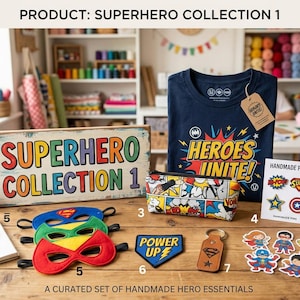 Superhero Collection 1 - Kids Superhero Party Favors, Felt Masks, Comic Pencil Pouch, Superhero Enamel Pins & Stickers Set for Kids Gift