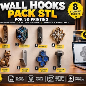 Paquete de ganchos de pared STL - Paquete de archivos para impresión 3D, archivos de ganchos decorativos para montaje en pared, paquete STL único para impresión 3D, descarga digital STL