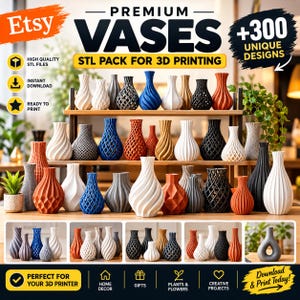 300 Vasen im STL-Format, 3D-Druckdateien, Spiralförmige geometrische Vase im STL-Format, Vasenmodell für 3D-Druck, Sofort-Download, Moderne 3D-Modelle für die Wohndekoration