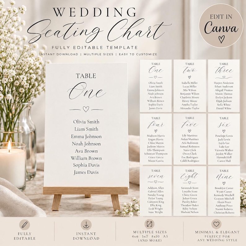Minimalist Wedding Seating Chart Template, Script Table Assignment ...