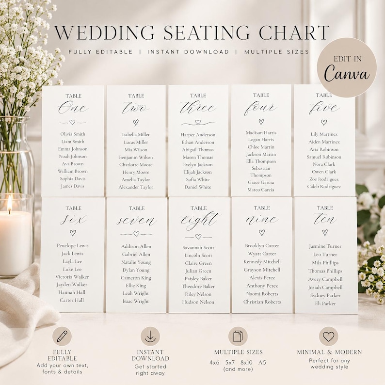 Minimalist Wedding Seating Chart Template, Script Table Assignment ...