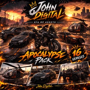 Op de afbeelding: Een digitaal assetpakket met 16 voertuigen in apocalyps-stijl, waaronder auto's, een motorfiets en een helikopter. De afbeelding toont de tekst John Digital GTA RP Assets Apocalypse Pack tegen een vurige, door oorlog geteisterde achtergrond.