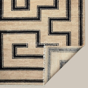 Beige Wool Area Rug, Hand Knotted Modern Black Geometric Maze Greek Key Pattern Carpet for Living Room Bedroom Decor, KariamRugsIN Rug