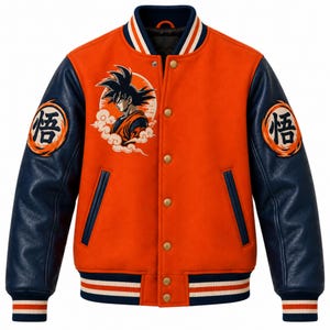 May include: An orange and navy blue varsity jacket featuring a graphic of a spiky-haired character on the chest and circular emblems with Japanese kanji on both sleeves. The jacket has a snap-button front, ribbed striped cuffs, and a collar.