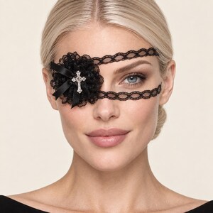 Black Lace Eye Patch, Gothic Lace Eye Mask, Cross Charm Eyepatch, Victorian Costume Accessory, Dark Romantic Face Accessory