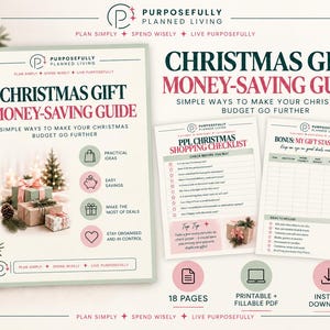 May include: A Christmas gift money-saving guide featuring a shopping checklist and gift stash stock list. The printable 18-page PDF includes sections for practical ideas, easy savings, and tips to stay organized, with festive graphics of wrapped gifts.
