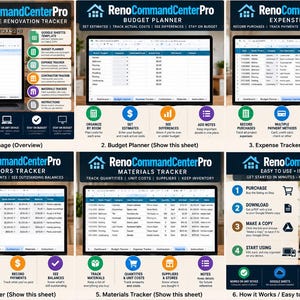 May include: A digital RenoCommandCenterPro home renovation tracker displayed on a laptop screen, featuring six panels detailing a budget planner, expense tracker, contractor tracker, materials tracker, and a step-by-step guide for Google Sheets.