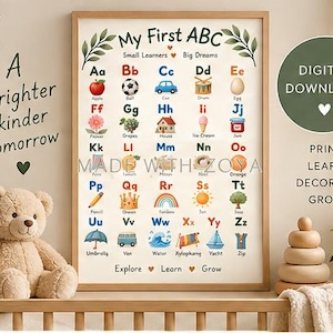 May include: A framed educational alphabet poster titled My First ABC featuring illustrations for each letter from A to Z, including an apple, ball, car, drum, egg, flower, grapes, house, ice cream, jam, kite, lemon, moon, nest, orange, pencil, queen, rainbow, sun, tree, umbrella, van, water, xylophone, yacht, and zip.