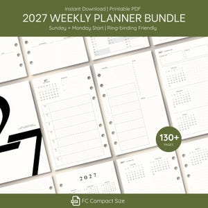 Weekplanner-inzetvellen voor 2027, rasterindeling van 2 pagina's, beginnend op maandag en zondag, printbaar PDF-bestand