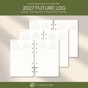 Op de afbeelding: Een set witte, printbare PDF-pagina's voor een 2027-planner. Elke pagina bevat een minimalistische kalenderindeling voor meerdere maanden, horizontale lijnen voor notities en voorgestanste gaten voor ringband-systemen.