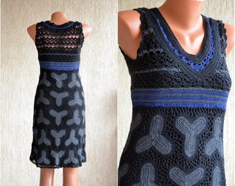 Crochet cotton Sleeveless Dress size S M 36 38 Fishnet Black Blue Vintage Knitted Tunic Midi Boho Dress Cotton Stretch Tank Crochet Knitwear