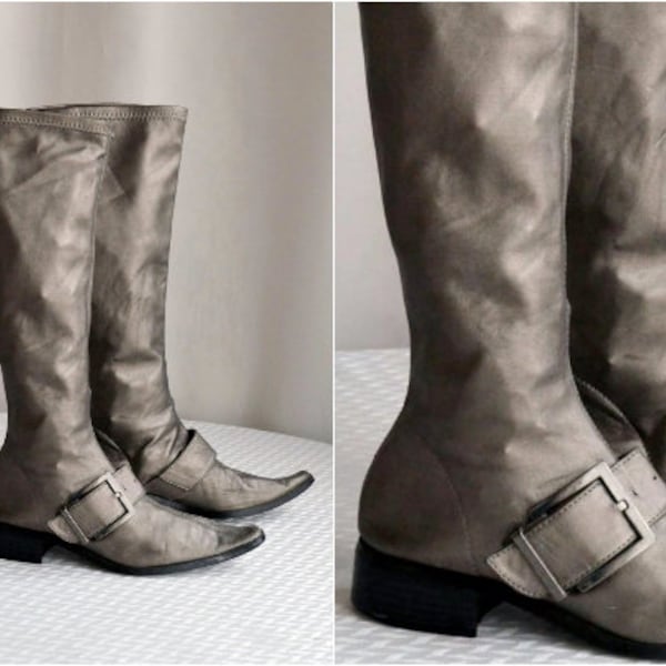 Vintage Stretch Boots Size 35 EU High Vinyl Elastic Peaked Women Silver Shoes Faux Leather Elastic Boots