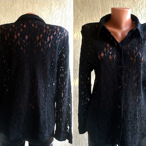 Black LACE Button Blouse Vintage Top Black Long Sleeve Waisted size M-L 38 40 Collar Top Classic Long Elegant Top