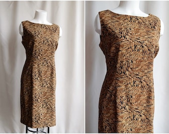 Vintage 60s Midi Dress size M L Elegant Print Brown Stretch Pencil Classic Sleeveless Silk Mod 1970 Dress