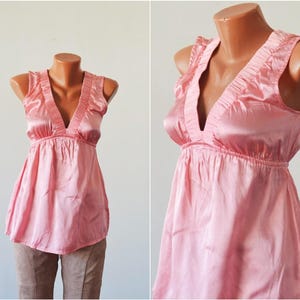 Sin espalda Satén Top talla M L Seda Corte bajo Blusa rosa Mujer romántica Túnica sin mangas rosa