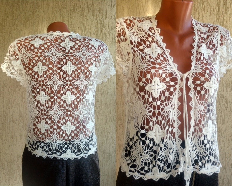 Crochet White Bralette Vintage Boho Top Wrap Fishnet Knit Hip Sleeveless Top size M 36 38 EU