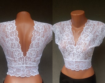 Sheer White Lace Backless Crop Top Sexy Women Stretch Blouse size S M L 36 38 40 EU Sleeveless Sexy Bustier Tube Romantic White Underwear