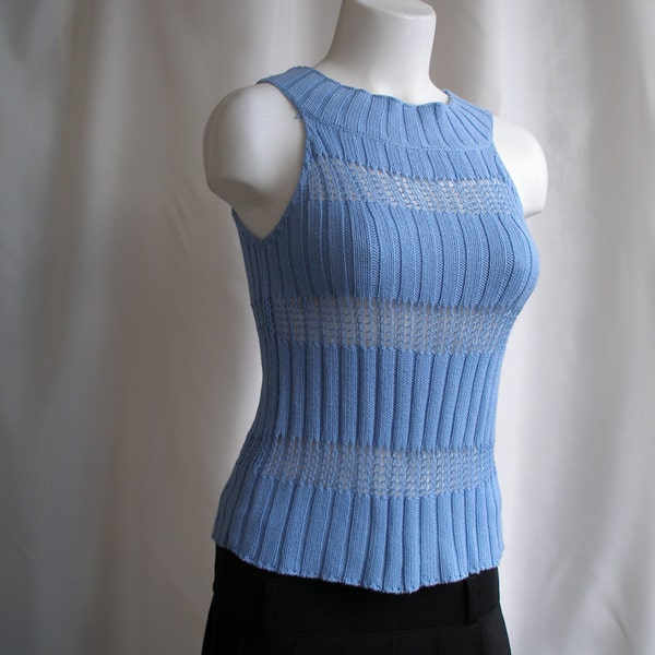 Blauw mouwloos Vintage gebreide Tank maat S M 34 36 Fishnet vrouwen katoenen Top haak buis Sexy zomer Crop Top