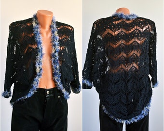 Fishnet Women Cotton Wrap Cardigan size M L 42 EU Knit Sweater Boho Bat Sleeve Crochet Romantic Black Knitwear