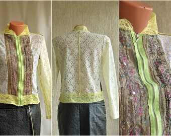 Sheer Yellow Lace Jacket Top size M 36 38 EU Embroidery Women Beaded Blouse Long Sleeve Sequined Top