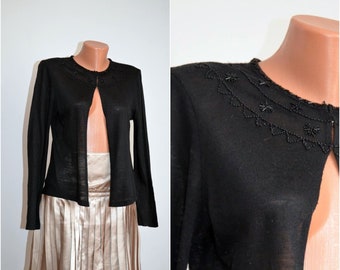 Fine Wool Top Black Women size M Beaded Vest Vintage Wool Embroidery Blouse 36 - 38 Knit Cardigan Elegant Long Sleeve Top