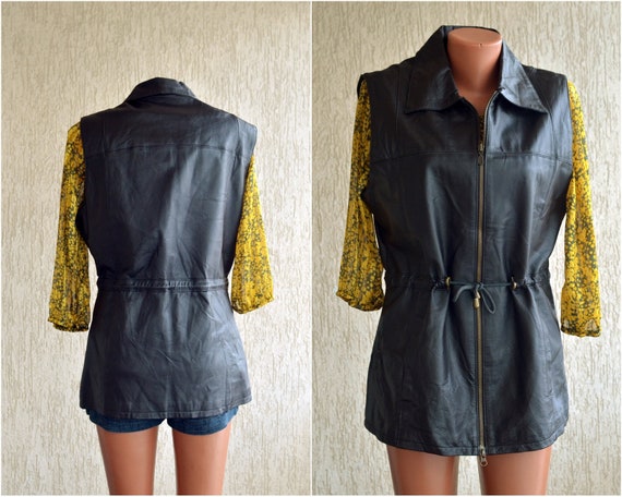 black leather sleeveless jacket womens