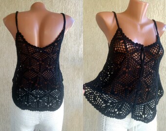Black Fishnet BRALETTE Tank size M 38 40 Sexy Cotton Crochet Top Women Wrap Top Knitted Hip Summer Crop Wear